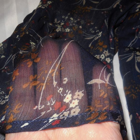 Blouse NWT SMALL Floral Chiffon Navy Blue ruffled sleeve tunic top careerwear - Picture 6 of 9